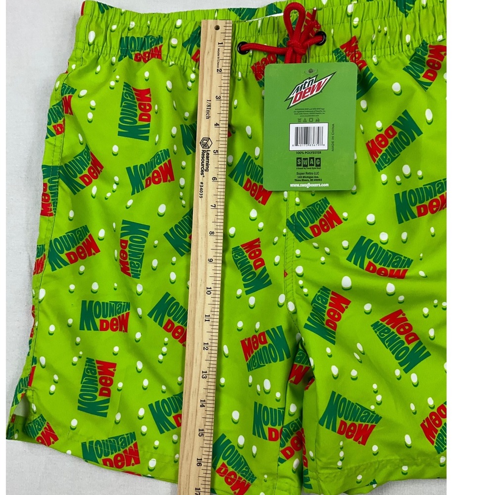 Mountain Dew Mens Swim Trunks Small Green Retro‎ Logo All Over Print New NWT - Picture 6 of 8